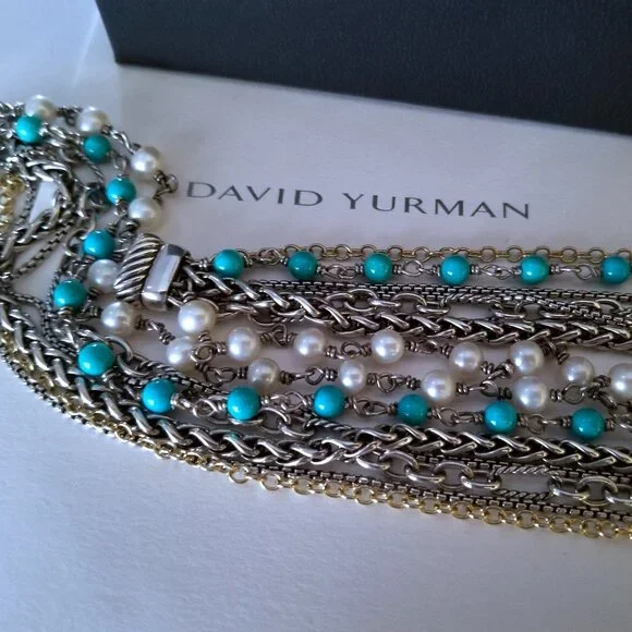 SOLD - DAVID YURMAN *RARE* 18K Gold Turquoise Pearl Necklace - Pristine! $2150 - Picture 9 of 13